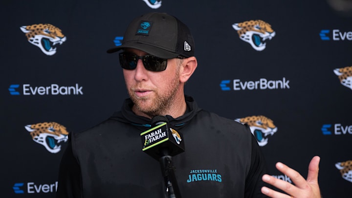 Jacksonville Jaguars head coach Liam Coen answers questions after the Jaguar’s 12th NFL training camp session at the Miller Electric Center, Thursday, Aug. 7, 2025, in Jacksonville, Fla. [Doug Engle/Florida Times-Union]
