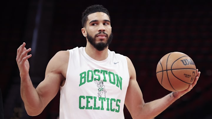 Jan 21, 2024; Houston, Texas, USA; Boston Celtics forward Jayson Tatum (0) gestures while he warms up before playing against the Houston Rockets at Toyota Center. Mandatory Credit: Thomas Shea-Imagn Images Jan 21, 2024; Houston, Texas, USA; Boston Celtics forward Jayson Tatum (0) gestures while he warms up before playing against the Houston Rockets at Toyota Center. Mandatory Credit: Thomas Shea-Imagn Images