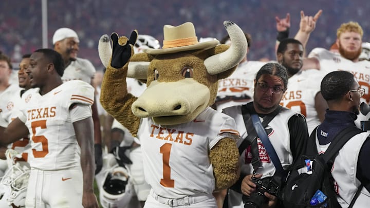 Nov 15, 2025; Athens, Georgia, USA; Texas Longhorns mascot Bevo gestures after the game against the Georgia Bulldogs at Sanford Stadium. Mandatory Credit: Dale Zanine-Imagn Images