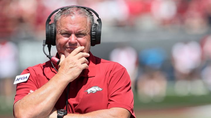 Arkansas Razorbacks head coach Sam Pittman during a game with Western Carolina at War Memorial Stadium in Little Rock, Ark., on Sept. 2, 2023.