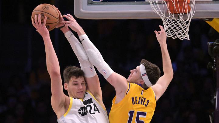 Feb 10, 2025; Los Angeles, California, USA; Los Angeles Lakers guard Austin Reaves (15) defends a shot by Utah Jazz center Walker Kessler (24) in the second half at Crypto.com Arena. Mandatory Credit: Jayne Kamin-Oncea-Imagn Images Feb 10, 2025; Los Angeles, California, USA; Los Angeles Lakers guard Austin Reaves (15) defends a shot by Utah Jazz center Walker Kessler (24) in the second half at Crypto.com Arena. Mandatory Credit: Jayne Kamin-Oncea-Imagn Images