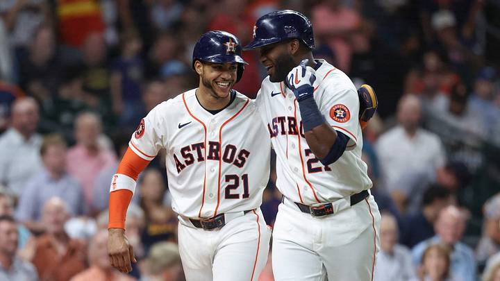 Houston Astros shortstop Jeremy Pena (left) and Houston Astros designated hitter Yordan Alvarez. Mandatory Credit: Troy Taormina-Imagn Images Houston Astros shortstop Jeremy Pena (left) and Houston Astros designated hitter Yordan Alvarez. Mandatory Credit: Troy Taormina-Imagn Images