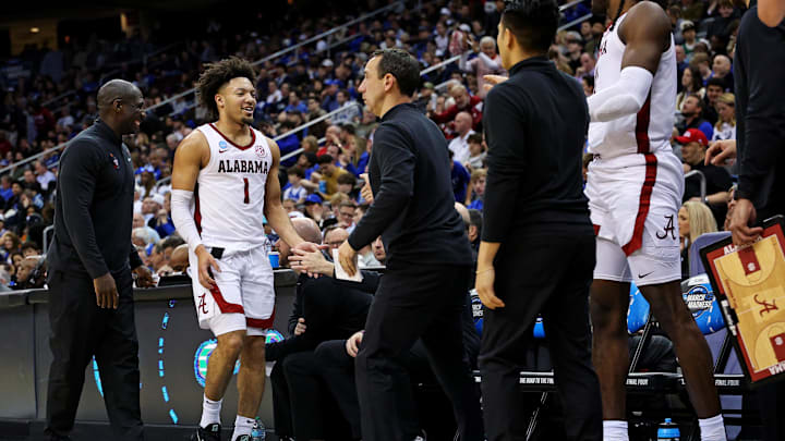 Mar 27, 2025; Newark, NJ, USA; Alabama Crimson Tide guard Mark Sears (1) celebrates with the bench during the second half against the Brigham Young Cougars during an East Regional semifinal of the 2025 NCAA tournament at Prudential Center. Mandatory Credit: Vincent Carchietta-Imagn Images