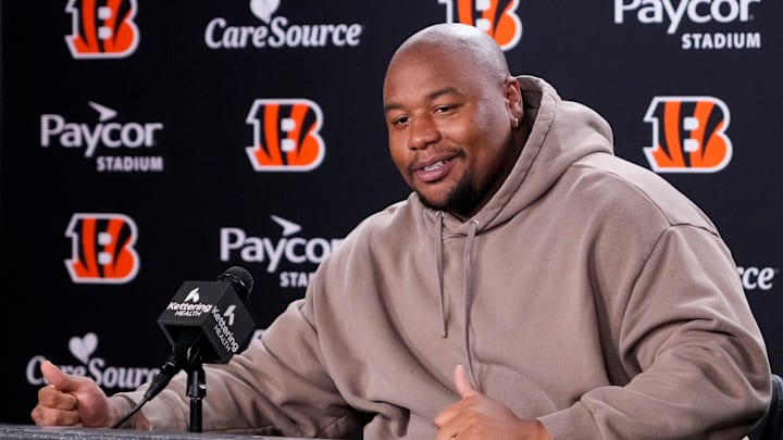 Newly signed Cincinnati Bengals defense tackle Dexter Lawrence speaks in a press conference for the first time since joining the team at Paycor Stadium in Cincinnati on Monday, April 20, 2026.