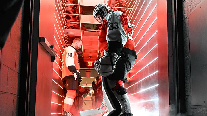 Mar 26, 2026; Philadelphia, Pennsylvania, USA; Philadelphia Flyers center Sean Couturier (14) and  goaltender Samuel Ersson (33) in the tunnel before game against the Chicago Blackhawks at Xfinity Mobile Arena. Mandatory Credit: Eric Hartline-Imagn Images