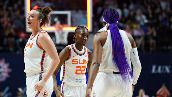 Sep 6, 2025; Uncasville, Connecticut, USA; Connecticut Sun guard Marina Mabrey (3) reacts after a three point basket by guard Saniya Rivers (22) against the Phoenix Mercury in the first half at Mohegan Sun Arena. David Butler II-Imagn Images Sep 6, 2025; Uncasville, Connecticut, USA; Connecticut Sun guard Marina Mabrey (3) reacts after a three point basket by guard Saniya Rivers (22) against the Phoenix Mercury in the first half at Mohegan Sun Arena. David Butler II-Imagn Images