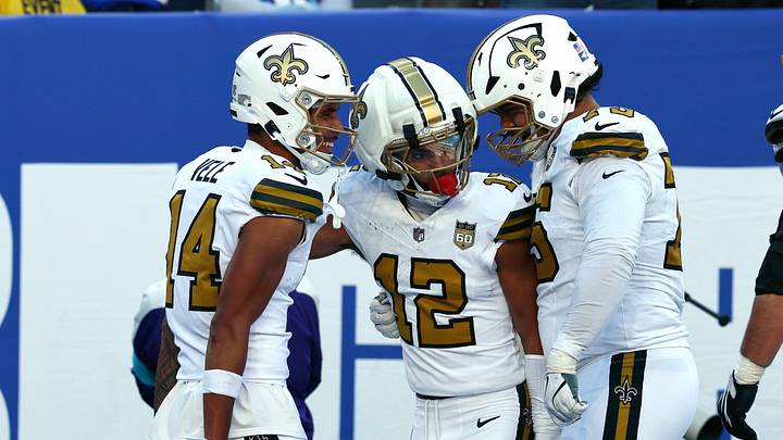 Oct 18, 2026; East Rutherford, New Jersey, USA; New Orleans Saints wide receiver Bryce Lance (18) celebrates with wide receiver Devaughn Vele (14) and offensive tackle Taliese Fuaga (75) after scoring a touchdown against the New York Giants during the fourth quarter at MetLife Stadium. Mandatory Credit: Vincent Carchietta-Imagn Images Oct 18, 2026; East Rutherford, New Jersey, USA; New Orleans Saints wide receiver Bryce Lance (18) celebrates with wide receiver Devaughn Vele (14) and offensive tackle Taliese Fuaga (75) after scoring a touchdown against the New York Giants during the fourth quarter at MetLife Stadium. Mandatory Credit: Vincent Carchietta-Imagn Images