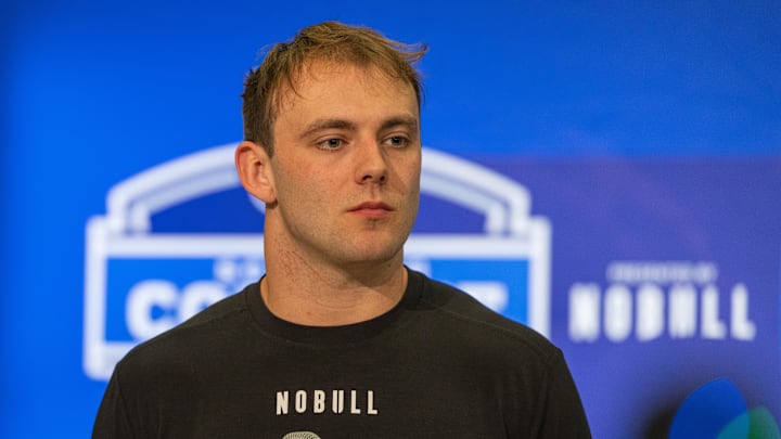 Feb 29, 2024; Indianapolis, IN, USA; Georgia tight end Brock Bowers (TE04) talks to the media during