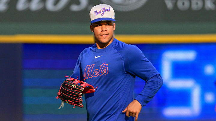 Aug 8, 2025; Milwaukee, Wisconsin, USA; New York Mets right fielder Juan Soto (22) warms up before game against the Milwaukee Brewers at American Family Field. Mandatory Credit: Benny Sieu-Imagn Images