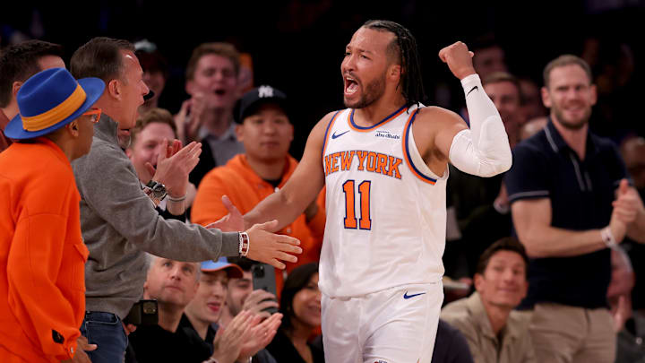 Oct 25, 2024; New York, New York, USA; New York Knicks guard Jalen Brunson (11) reacts during the second quarter against the Indiana Pacers at Madison Square Garden. Mandatory Credit: Brad Penner-Imagn Images