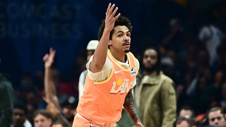 Dec 5, 2025; Cleveland, Ohio, USA; Cleveland Cavaliers guard Craig Porter Jr. (9) celebrates after hitting a three point basket against the San Antonio Spurs during the first half at Rocket Arena. Mandatory Credit: Ken Blaze-Imagn Images