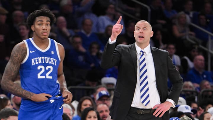 Dec 21, 2024; New York, New York, USA; Kentucky Wildcats head coach Mark Pope during the second half against the Ohio State Buckeyes at Madison Square Garden. Mandatory Credit: John Jones-Imagn Images