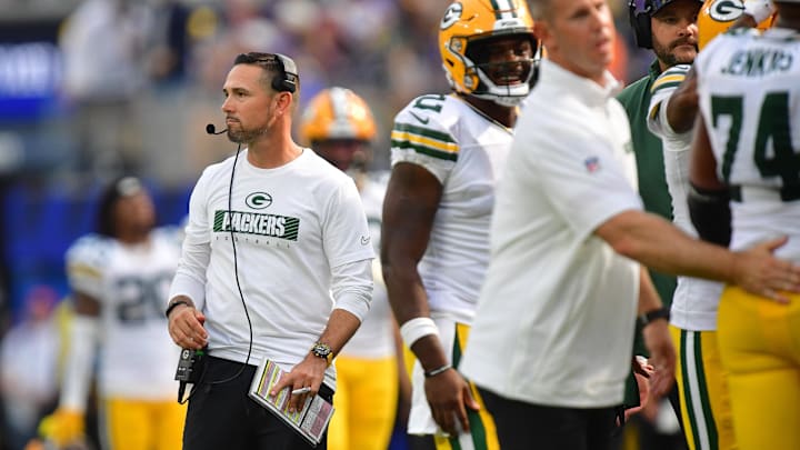 Oct 6, 2024; Inglewood, California, USA; Green Bay Packers head coach Matt LaFleur watches game action against the Los Angeles Rams during the second half at SoFi Stadium. Mandatory Credit: Gary A. Vasquez-Imagn Images