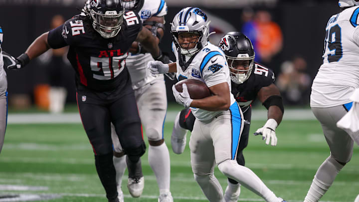 Jan 5, 2025; Atlanta, Georgia, USA; Carolina Panthers running back Raheem Blackshear (3) runs the ball against the Atlanta Falcons in the fourth quarter at Mercedes-Benz Stadium. Mandatory Credit: Brett Davis-Imagn Images