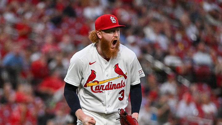 Jun 15, 2026; St. Louis, Missouri, USA; St. Louis Cardinals starting pitcher Dustin May (3) reacts after an inning ending double play against the San Diego Padres during the seventh inning at Busch Stadium. Mandatory Credit: Jeff Curry-Imagn Images Jun 15, 2026; St. Louis, Missouri, USA; St. Louis Cardinals starting pitcher Dustin May (3) reacts after an inning ending double play against the San Diego Padres during the seventh inning at Busch Stadium. Mandatory Credit: Jeff Curry-Imagn Images