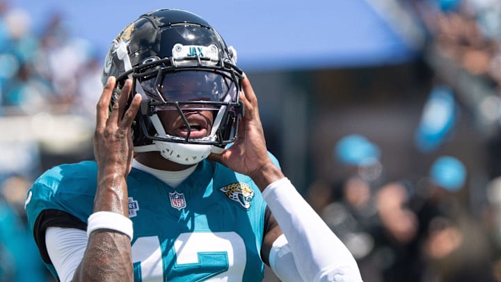 Jacksonville Jaguars wide receiver Travis Hunter (12) takes a breath while warming up before the start of an NFL football game between the Carolina Panthers at Jacksonville Jaguars at EverBank Stadium Sunday September 7, 2025. [Doug Engle/Florida Times-Union]