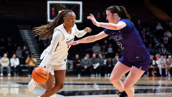 Vanderbilt Commodores guard Mikayla Blakes (1) dribbles the ball while Furman Paladins forward Clare Coyle (2) defends during the women’s basketball game between Vanderbilt vs Furman at the Memorial Gymnasium in Nashville on Monday, Nov. 10, 2025.