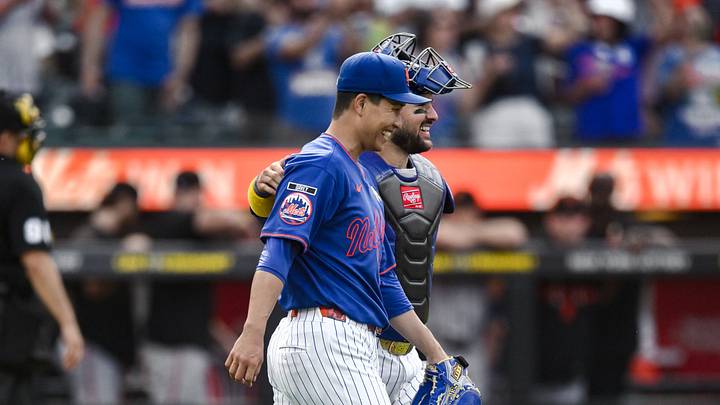 Sep 6, 2026; New York City, New York, USA;  New York Mets pitcher Kodai Senga (34) reacts with Luis Torrens (13) after winning the game against the San Francisco Giants at Citi Field.  Mandatory Credit: John Jones-Imagn Images
