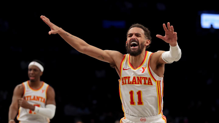 Atlanta Hawks guard Trae Young reacts during the third quarter against the Brooklyn Nets at Barclays Center