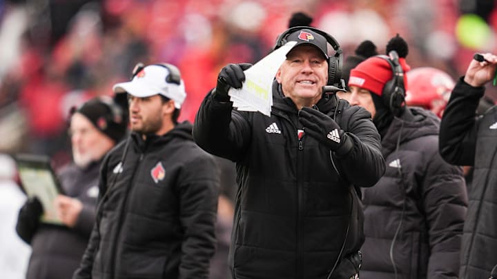 Louisville Cardinals head coach Jeff Brohm on the sidelines during the game against Kentucky Saturday, November 29, 2025 in Louisville, Kentucky at L&N Federal Credit Union Stadium.