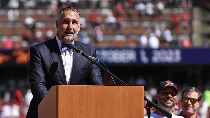 Oct 1, 2023; St. Louis, Missouri, USA;  St. Louis Cardinals president of baseball operation John Mozeliak speaks at a retirement ceremony for starting pitcher Adam Wainwright (50) before a game against the Cincinnati Reds at Busch Stadium. Mandatory Credit: Jeff Curry-Imagn Images
