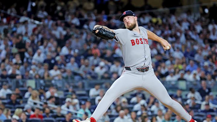 Sep 30, 2025; Bronx, New York, USA; Boston Red Sox pitcher Garrett Crochet (35) throws a pitch during the fourth inning against the New York Yankees during game one of the Wildcard round for the 2025 MLB playoffs at Yankee Stadium. Mandatory Credit: Brad Penner-Imagn Images