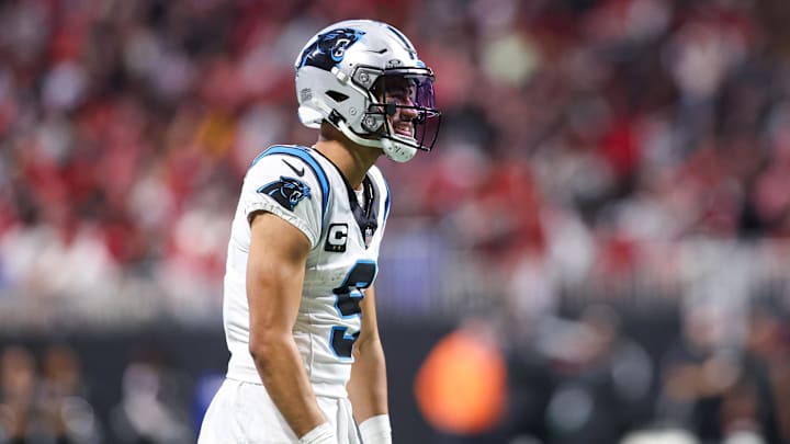 Jan 5, 2025; Atlanta, Georgia, USA; Carolina Panthers quarterback Bryce Young (9) celebrates after a touchdown pass against the Atlanta Falcons in the third quarter at Mercedes-Benz Stadium. Mandatory Credit: Brett Davis-Imagn Images