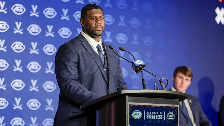 Jul 22, 2025; Charlotte, NC, USA; Virginia defensive tackle Jahmeer Carter answers questions from the media during ACC Media Days at Hilton Charlotte Uptown. Mandatory Credit: Jim Dedmon-Imagn Images