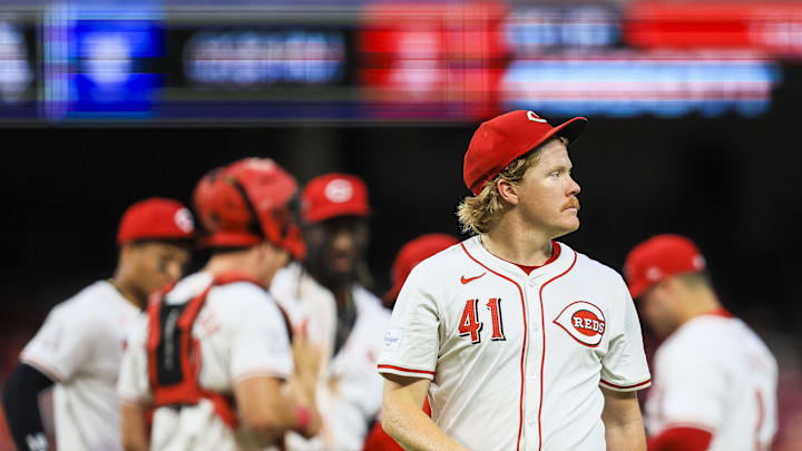 Cincinnati Reds starting pitcher Andrew Abbott (41) walks off the field during a pitching change in the seventh inning against the St. Louis Cardinals at Great American Ball Park in 2024.