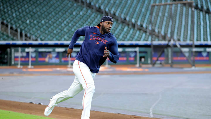 May 23, 2025; Houston, Texas, USA; Houston Astros designated hitter Yordan Alvarez (44) works out prior to the game against the Seattle Mariners at Daikin Park. 