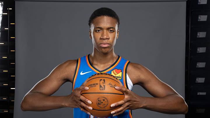 Sep 29, 2025; Oklahoma City, OK, USA; Oklahoma City Thunder center Thomas Sorber (12)  poses for a photo during the 2025 Oklahoma City Thunder media day at Paycom Center. Mandatory Credit: Alonzo Adams-Imagn Images