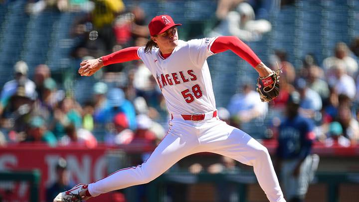 Apr 5, 2026; Anaheim, California, USA; Los Angeles Angels pitcher George Klassen (58) throws against the Seattle Mariners during the third inning at Angel Stadium. Mandatory Credit: Gary A. Vasquez-Imagn Images
