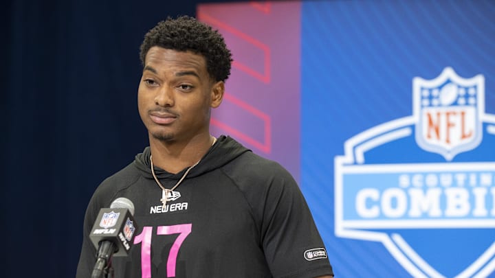 Feb 27, 2025; Indianapolis, IN, USA; Michigan defensive back Will Johnson (DB17) during the 2025 NFL Combine at Lucas Oil Stadium. Mandatory Credit: Tanner Pearson-Imagn Images
