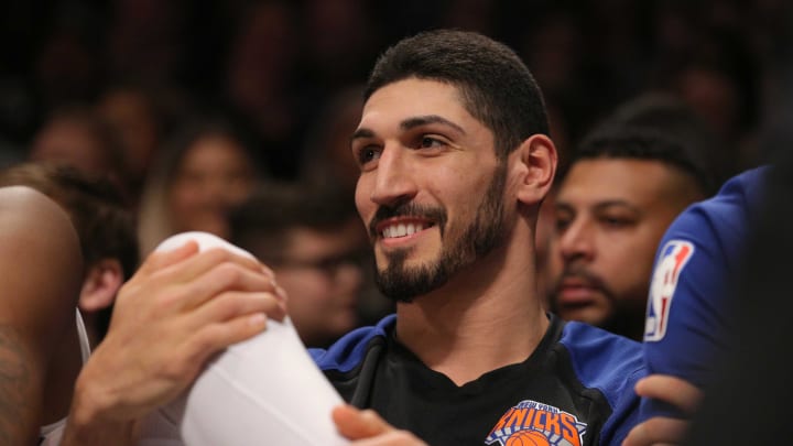 Jan 25, 2019; Brooklyn, NY, USA; New York Knicks center Enes Kanter (00) reacts as fans chant \"we want Kanter\" during the fourth quarter against the Brooklyn Nets at Barclays Center. Mandatory Credit: Brad Penner-USA TODAY Sports
