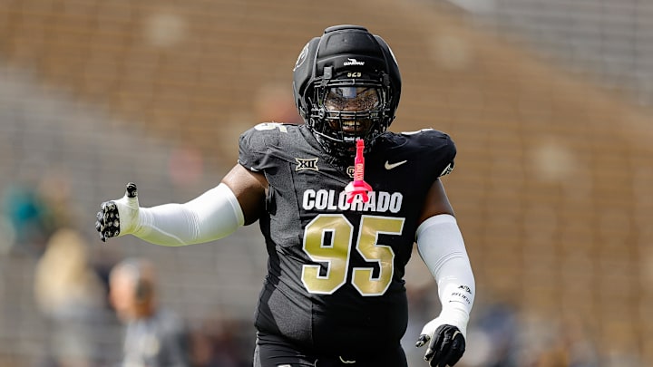 Apr 19, 2025; Boulder, CO, USA; Colorado Buffaloes defensive tackle Tawfiq Thomas (95) during the spring game at Folsom Field. Mandatory Credit: Isaiah J. Downing-Imagn Images