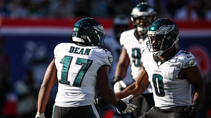 Oct 20, 2024; East Rutherford, New Jersey, USA; Philadelphia Eagles linebacker Nakobe Dean (17) and defensive end Bryce Huff (0) celebrate after a defensive stop during the second half against the New York Giants at MetLife Stadium. Oct 20, 2024; East Rutherford, New Jersey, USA; Philadelphia Eagles linebacker Nakobe Dean (17) and defensive end Bryce Huff (0) celebrate after a defensive stop during the second half against the New York Giants at MetLife Stadium.