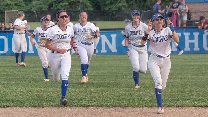 Donovan Catholic players celebrate their win. Donovan Catholic Softball defeats St. John Vianney in NJSIAA South Non-Public A section final in Toms River on June 5, 2025.