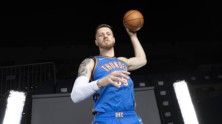 Sep 29, 2025; Oklahoma City, OK, USA; Oklahoma City Thunder center Isaiah Hartenstein (55) poses for a photo during the 2025 Oklahoma City Thunder media day at Paycom Center.