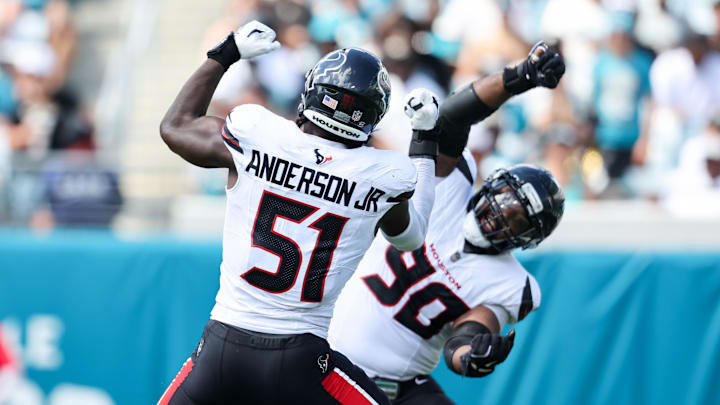 Sep 21, 2025; Jacksonville, Florida, USA; Houston Texans defensive end Will Anderson Jr. (51) celebrates after a sack during the second quarter against the Jacksonville Jaguars at EverBank Stadium. Mandatory Credit: Morgan Tencza-Imagn Images