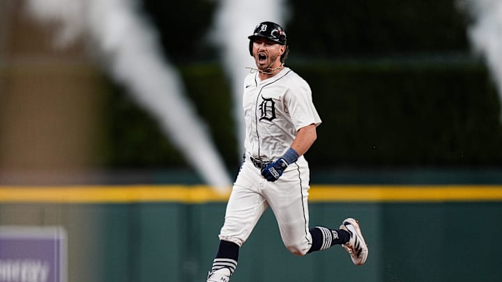 Detroit Tigers third base Zach McKinstry (39) celebrates batting a solo home run against Cleveland Guardians during the fifth inning at Game 4 of ALDS at Comerica Park in Detroit on Thursday, Oct. 10, 2024.