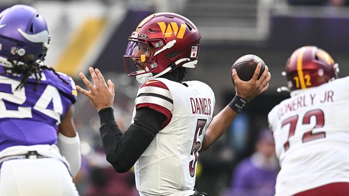 Dec 7, 2025; Minneapolis, Minnesota, USA; Washington Commanders quarterback Jayden Daniels (5) drops back to pass against the Minnesota Vikings during the first half at U.S. Bank Stadium. Mandatory Credit: Jeffrey Becker-Imagn Images Dec 7, 2025; Minneapolis, Minnesota, USA; Washington Commanders quarterback Jayden Daniels (5) drops back to pass against the Minnesota Vikings during the first half at U.S. Bank Stadium. Mandatory Credit: Jeffrey Becker-Imagn Images