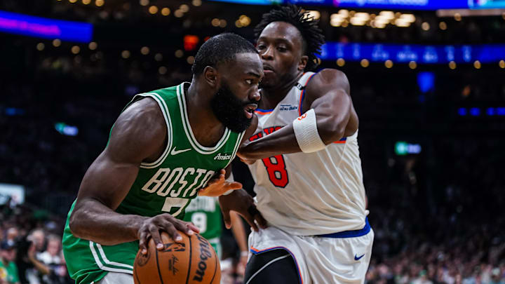 Boston Celtics guard Jaylen Brown drives the ball against New York Knicks forward OG Anunoby. Mandatory Credit: David Butler II-Imagn Images Boston Celtics guard Jaylen Brown drives the ball against New York Knicks forward OG Anunoby. Mandatory Credit: David Butler II-Imagn Images