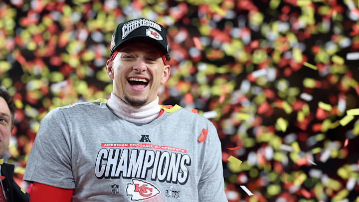 Jan 26, 2025; Kansas City, MO, USA; Kansas City Chiefs quarterback Patrick Mahomes (15) reacts on stage after the AFC Championship game against the Buffalo Bills at GEHA Field at Arrowhead Stadium. Mandatory Credit: Mark J. Rebilas-Imagn Images