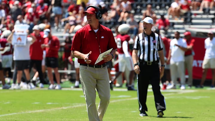 Apr 11, 2026; Tuscaloosa, AL, USA; Alabama Crimson Tide head coach Kalen DeBoer observes during the Alabama A-Day spring football scrimmage game at Saban Field at Bryant-Denny Stadium. Mandatory Credit: David Leong-Imagn Images