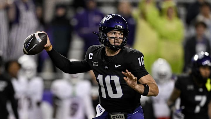 Nov 29, 2025; Fort Worth, Texas, USA; TCU Horned Frogs quarterback Josh Hoover (10) throws the ball during the second half against the Cincinnati Bearcats at Amon G. Carter Stadium. Mandatory Credit: Jerome Miron-Imagn Images Nov 29, 2025; Fort Worth, Texas, USA; TCU Horned Frogs quarterback Josh Hoover (10) throws the ball during the second half against the Cincinnati Bearcats at Amon G. Carter Stadium. Mandatory Credit: Jerome Miron-Imagn Images