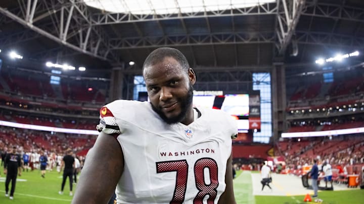 Sep 29, 2024; Glendale, Arizona, USA; Washington Commanders offensive tackle Cornelius Lucas (78) against the Arizona Cardinals at State Farm Stadium. Mandatory Credit: Mark J. Rebilas-Imagn Images