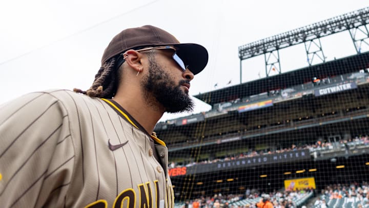 San Diego Padres outfielder Fernando Tatis Jr. (23) takes the field before the game against the San Francisco Giants at Oracle Park on Aug. 13. San Diego Padres outfielder Fernando Tatis Jr. (23) takes the field before the game against the San Francisco Giants at Oracle Park on Aug. 13.