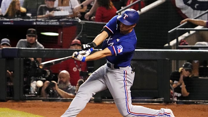Texas Rangers shortstop Corey Seager (5) hits a single during the seventh inning against the Arizona Texas Rangers shortstop Corey Seager (5) hits a single during the seventh inning against the Arizona