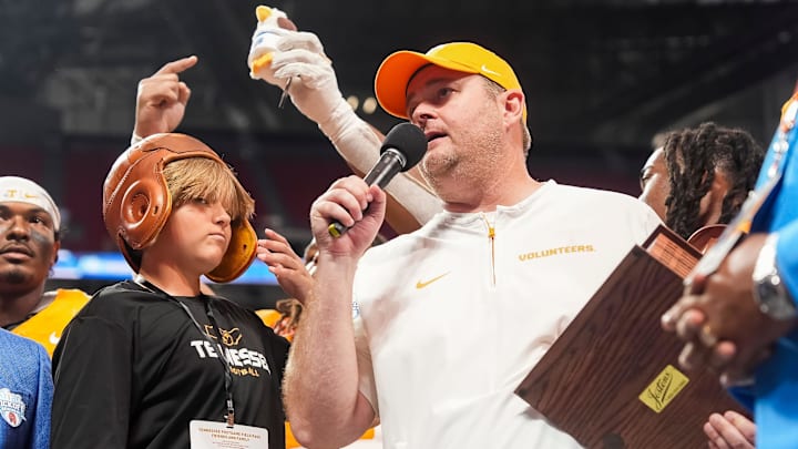 Tennessee head coach Josh Heupel speaks after the Aflac Kickoff Game between the Volunteers and Syracuse held at Mercedes-Benz Stadium in Atlanta, Ga., on August 30, 2025.