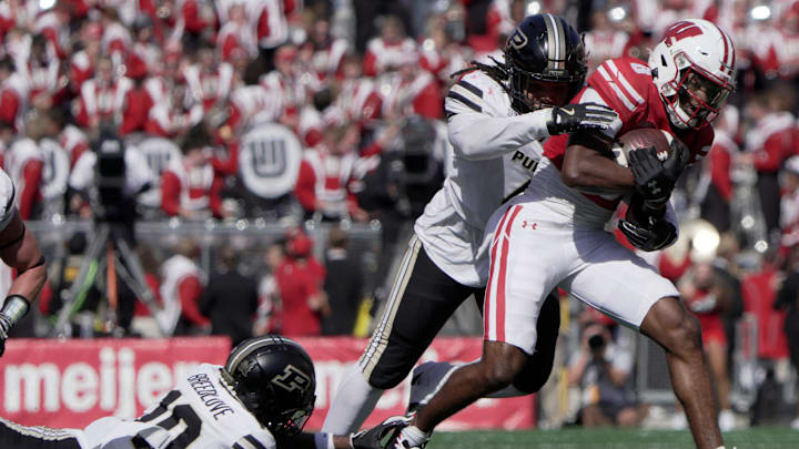 Wisconsin wide receiver Vinny Anthony II (8) makes a reception during the third quarter of their game Saturday, October 5, 2024 at Camp Randall Stadium in Madison, Wisconsin.